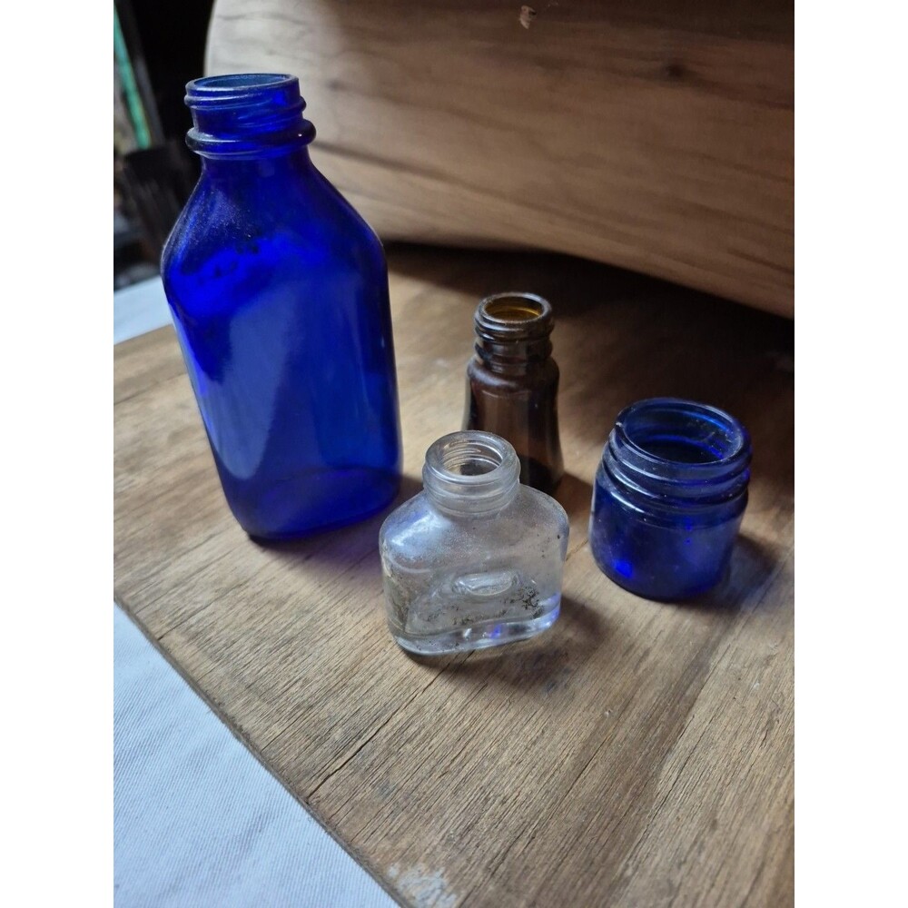 Vintage Small Cobalt Blue Clear Amber Bottles Lot of 4
